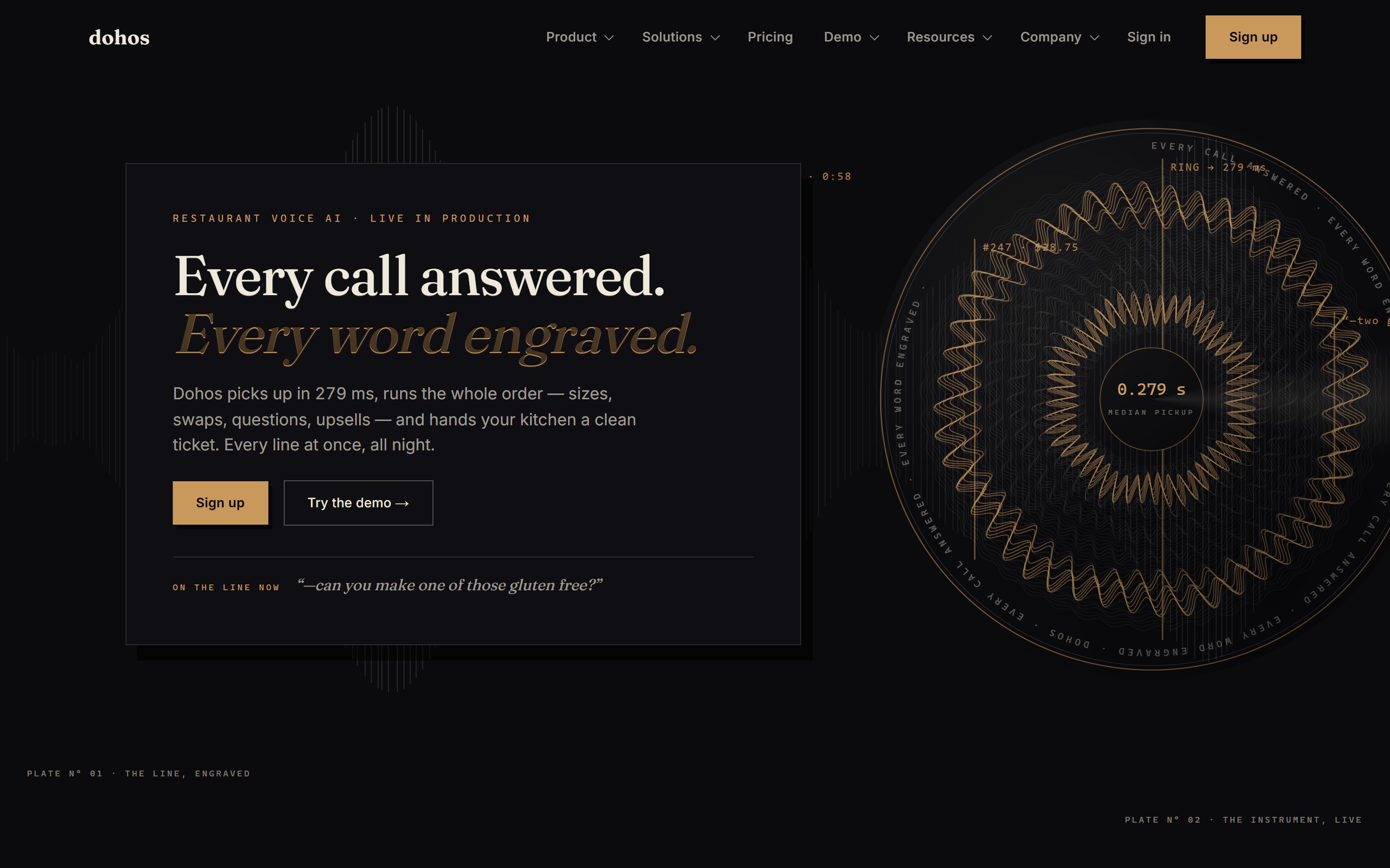 The dohos.ai home page: 279 ms median pickup, live restaurant voice ordering.