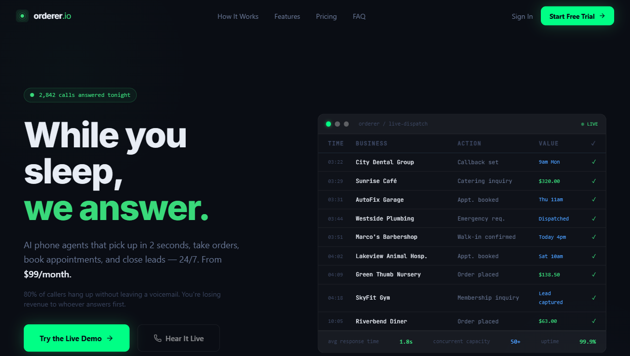 Orderer.io public product page showing its live AI phone-agent positioning.